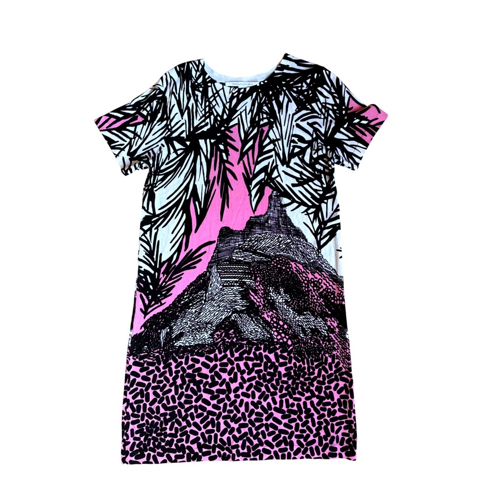 Diane von Furstenberg DVF Kivel Pink Black Graphic Palm Mountain Shift Dress L